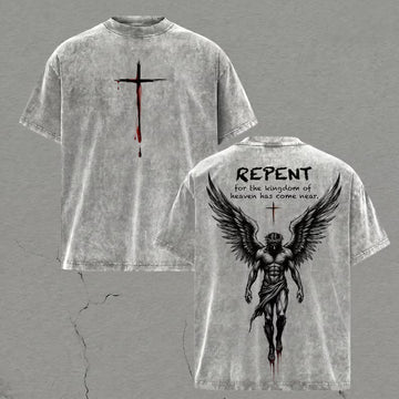 Repent Christian Shirt, Vintage Light Acid Wash Jesus Tee, Dark Angel Matthew 3:2 Graphic, Retro Religious Streetwear, Faith Over Fear Gift