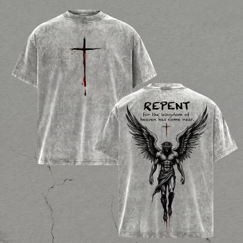Repent Christian Shirt, Vintage Light Acid Wash Jesus Tee, Dark Angel Matthew 3:2 Graphic, Retro Religious Streetwear, Faith Over Fear Gift